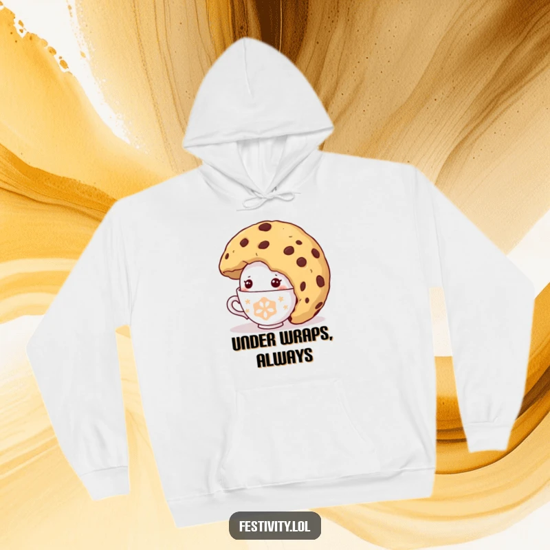 Funny Shy Teacup Hoodie: A shy teacup character comically peeking from under a giant cookie, offering comfort and sweet humor.