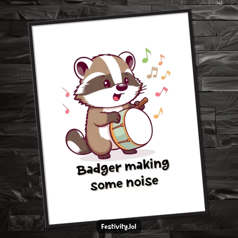 Funny Free Printable Wall Art: Determined badger tapping a drum, musical notes bursting out, a lively and artistic piece.