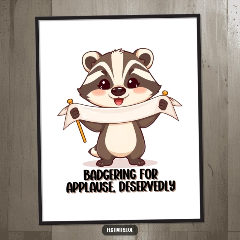 Funny Free Printable Wall Art: A triumphant badger with a proud, happy expression, holding a celebratory banner.