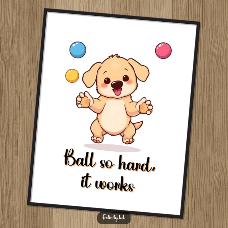 Funny Free Printable Wall Art: A cartoon puppy in mid-air, juggling colorful balls with great enthusiasm.