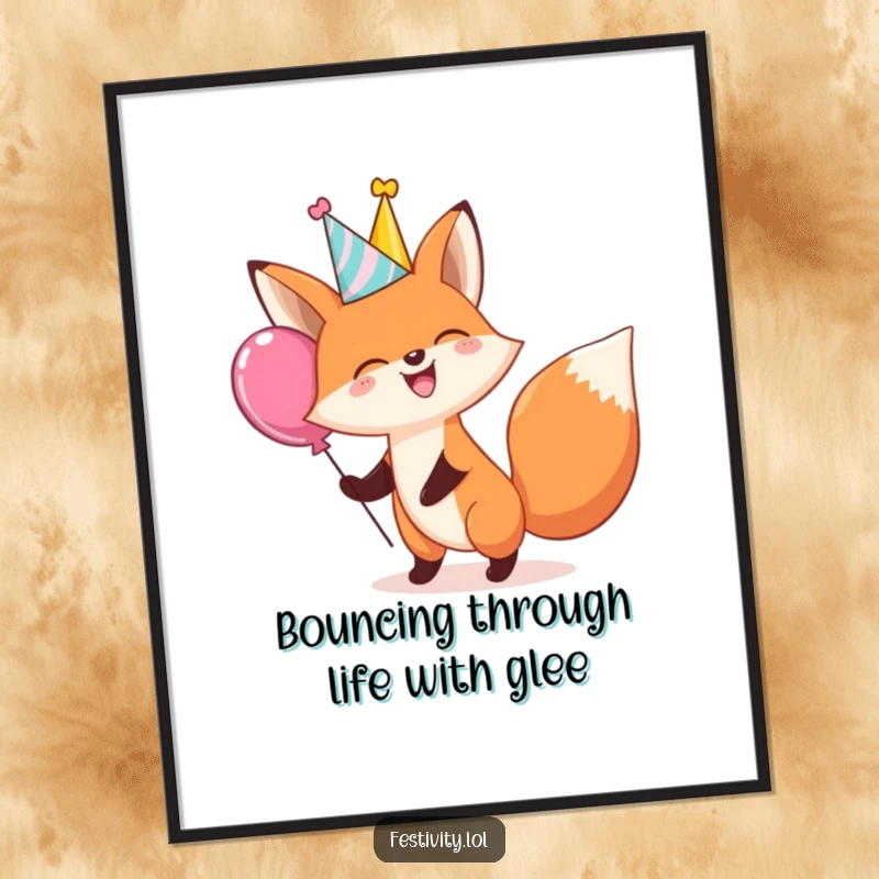 Funny Free Printable wall art: A giggling fox in a party hat, enthusiastically bouncing a massive, colorful balloon.