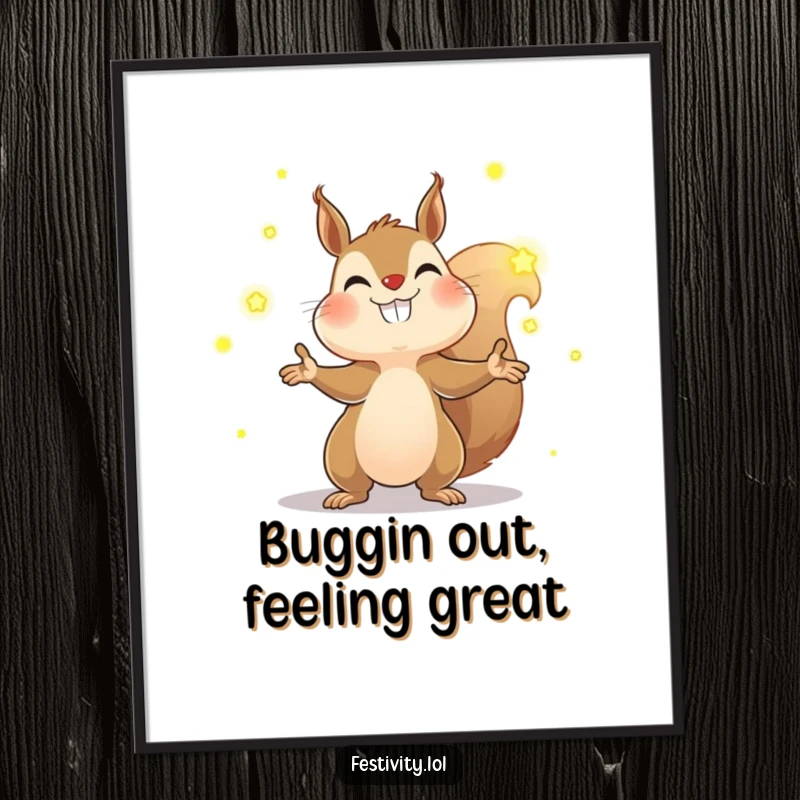 Funny free printable wall art of a determined squirrel juggling glowing fireflies with a wide grin, adding enchanting humor to decor.