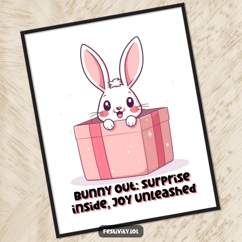 Funny Free Printable wall art, a surprised bunny peeking out of a giant gift box, creating a delightful and unexpected scene.