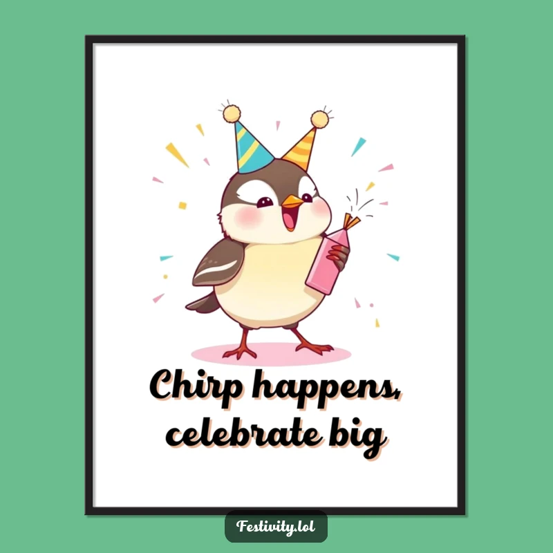 Funny Free Printable Wall Art: Giggling Chickadee Party Popper Celebration Downloadable Art