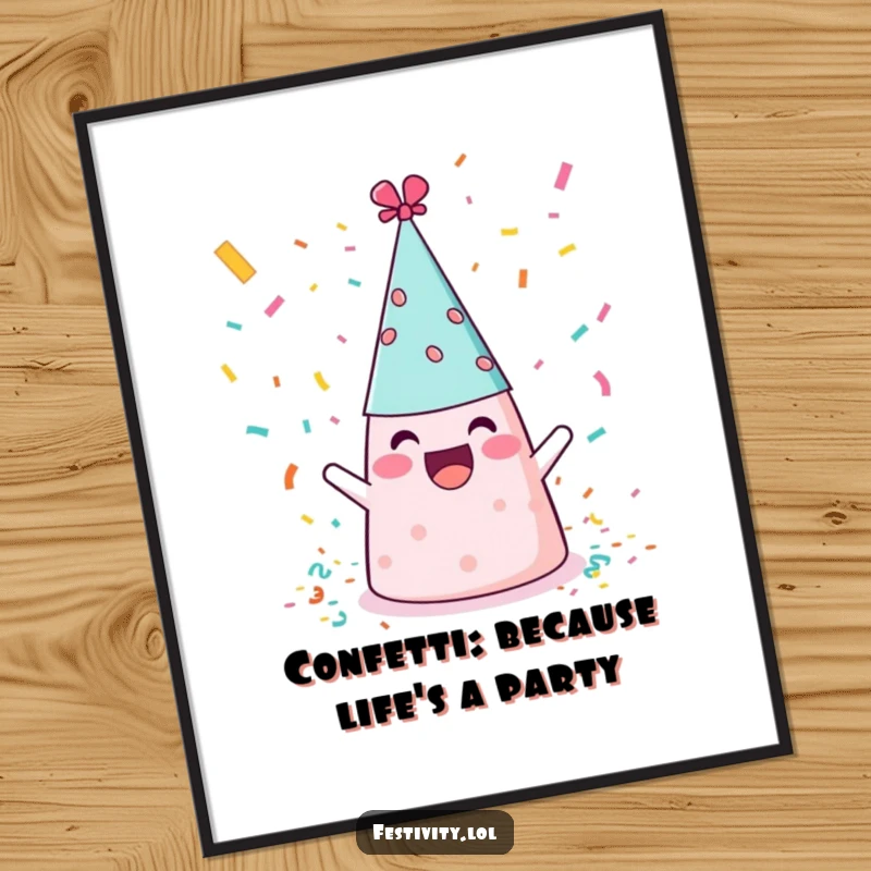 Funny Free Printable Wall Art: A cheerful party hat gleefully throws colorful confetti. A festive, humorous downloadable art piece.