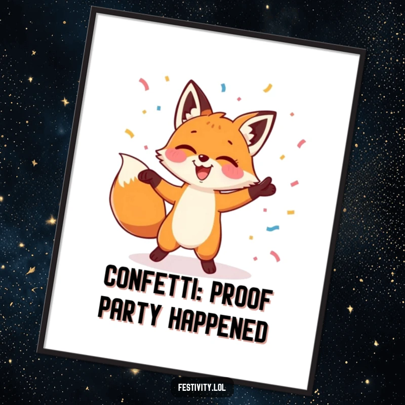 Funny Free Printable Wall Art of a fox giggling uncontrollably while dancing exuberantly amidst a cascade of confetti.