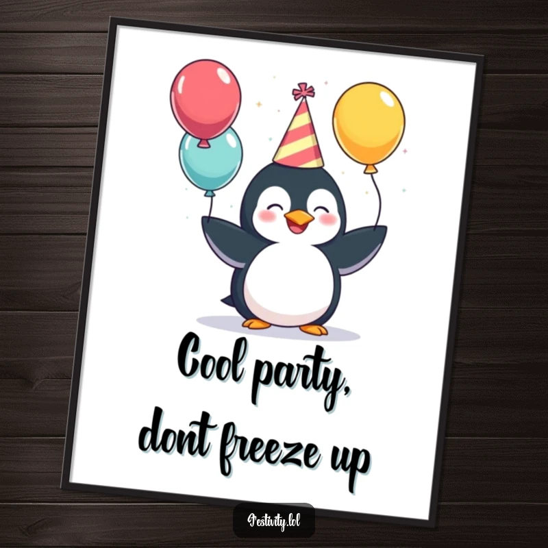Funny Free Printable Wall Art: Giggling penguin in a party hat juggling balloons, festive art.
