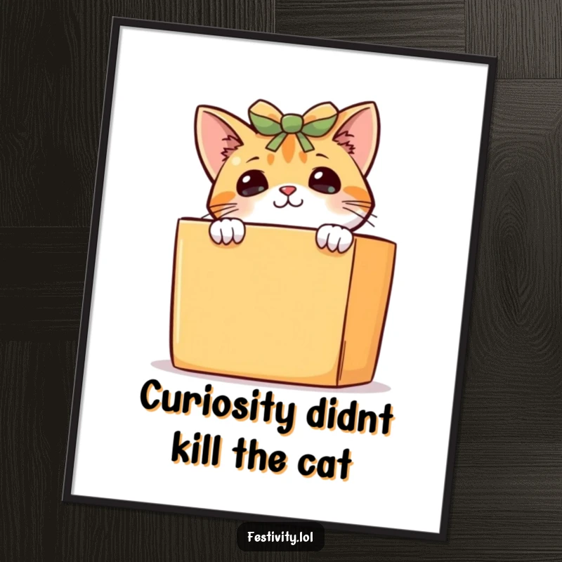 Funny Free Printable Wall Art: A curious cat peeking behind a large gift box, adding a touch of playful mystery.