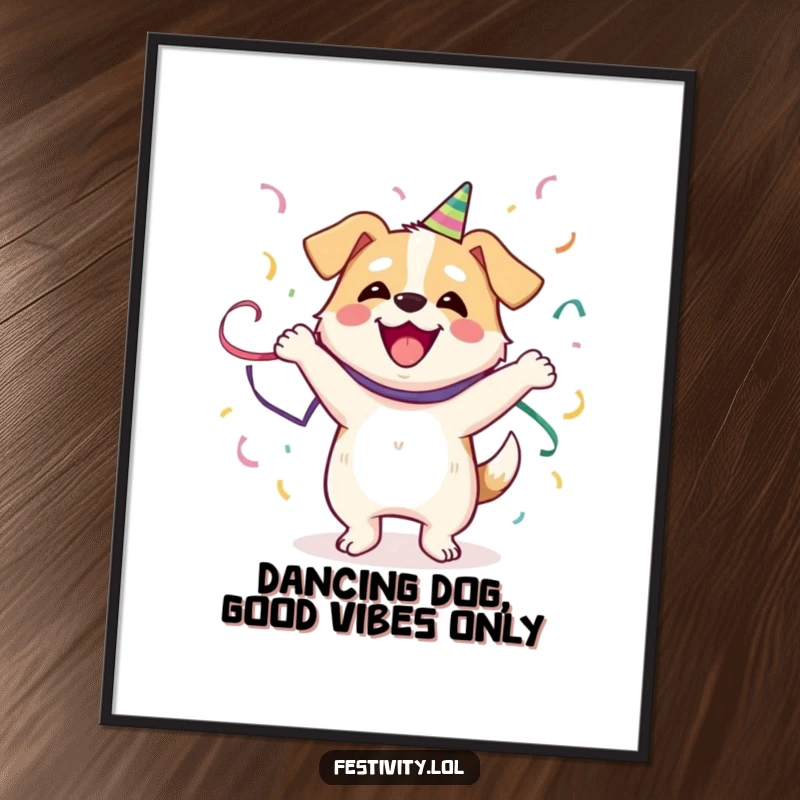 Funny Free Printable Wall Art: A happy dog caught mid-dance with streamers, embodying pure joy and celebration.