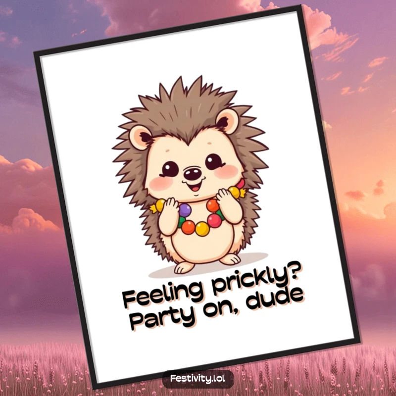 Funny Free Printable Wall Art: a joyful hedgehog adorned with a garland, clapping its paws in celebration.