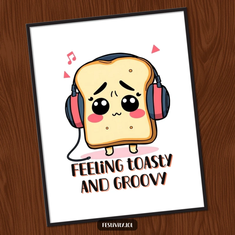 Funny Free Printable Wall Art: A toast character with oversized headphones is lost in music, radiating cool vibes.