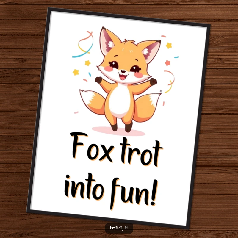 Funny free printable wall art of a happy fox cub dancing energetically, adorned with flowing, colorful streamers in a festive display.