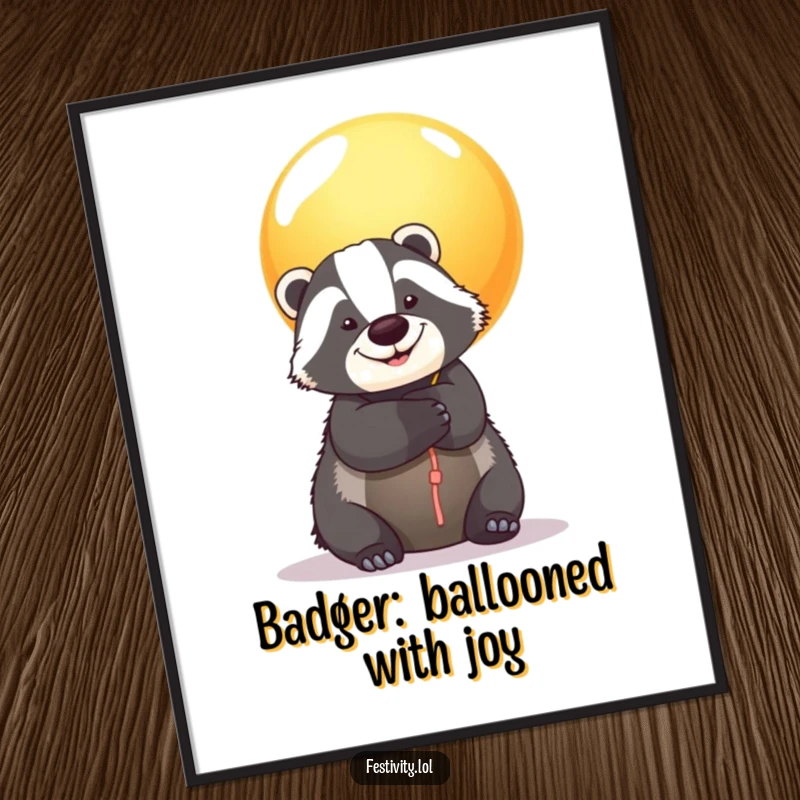 Funny Free Printable Wall Art: A smiling badger hugging a massive, brightly colored balloon.