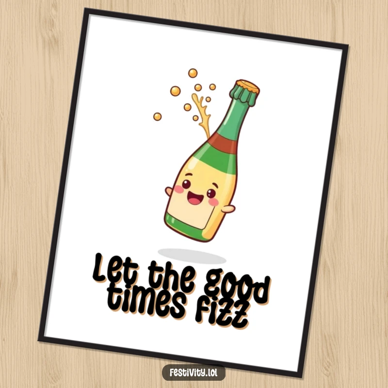 Funny Free Printable Wall Art: A smiling champagne bottle popping its cork with a vibrant, celebratory splash.