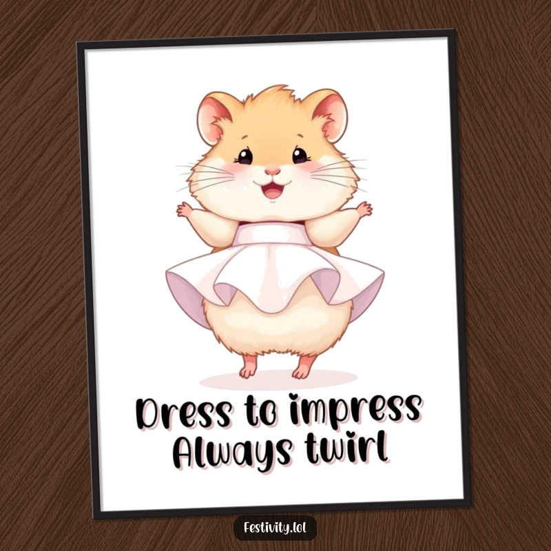 Funny Free Printable Wall Art: A fluffy hamster in a tiny party dress twirls joyfully, adding cheer to any space.