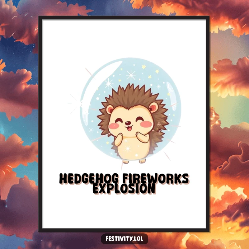 Funny Free Printable Wall Art: Smiling hedgehog blowing a giant bubble filled with tiny fireworks, a whimsical and joyful piece.