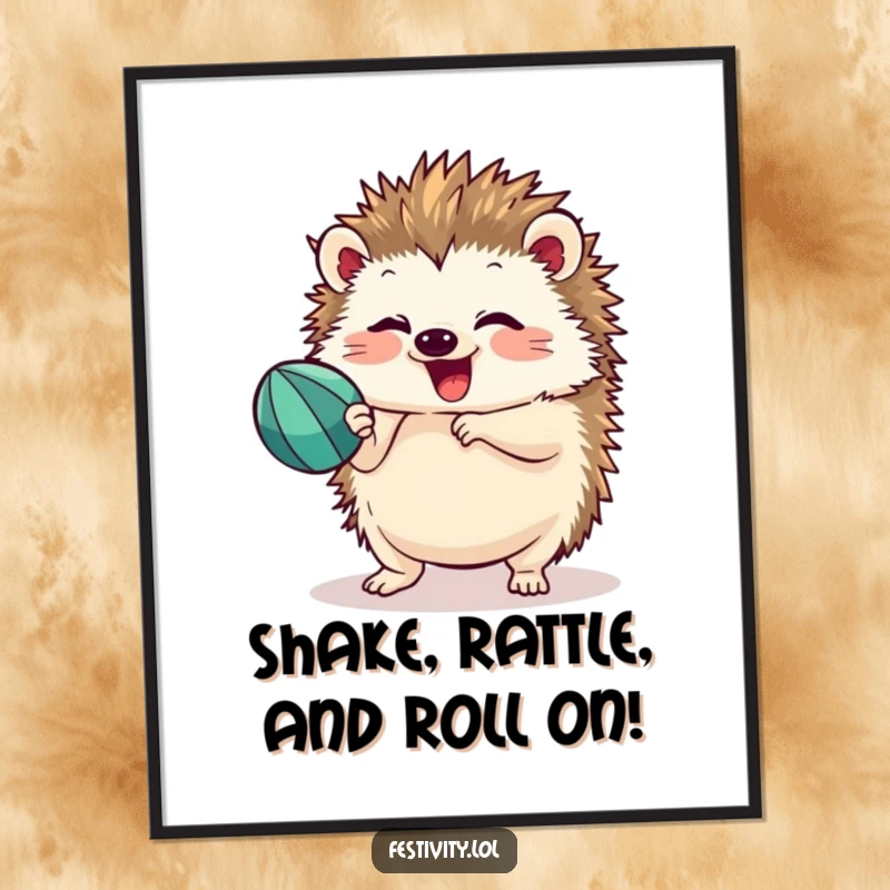 Funny Free Printable Wall Art: A fluffy hedgehog shaking a maraca with focused delight, bringing festive energy to any room.