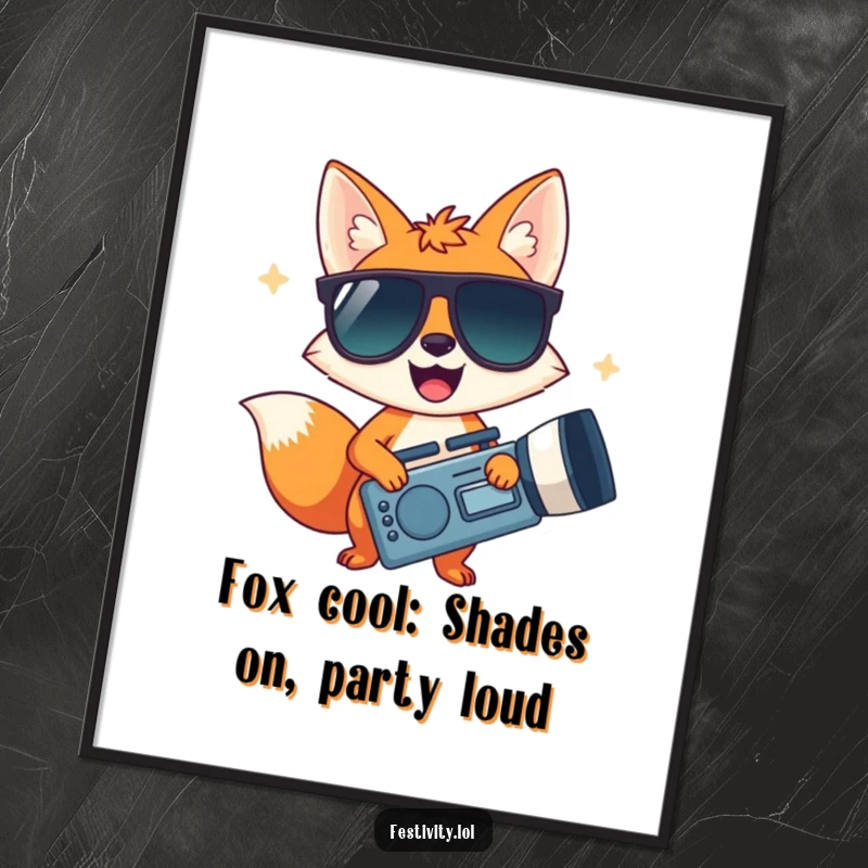 Funny Free Printable wall art, a happy fox wearing oversized sunglasses and holding a giant noisemaker, exuding cool party energy.