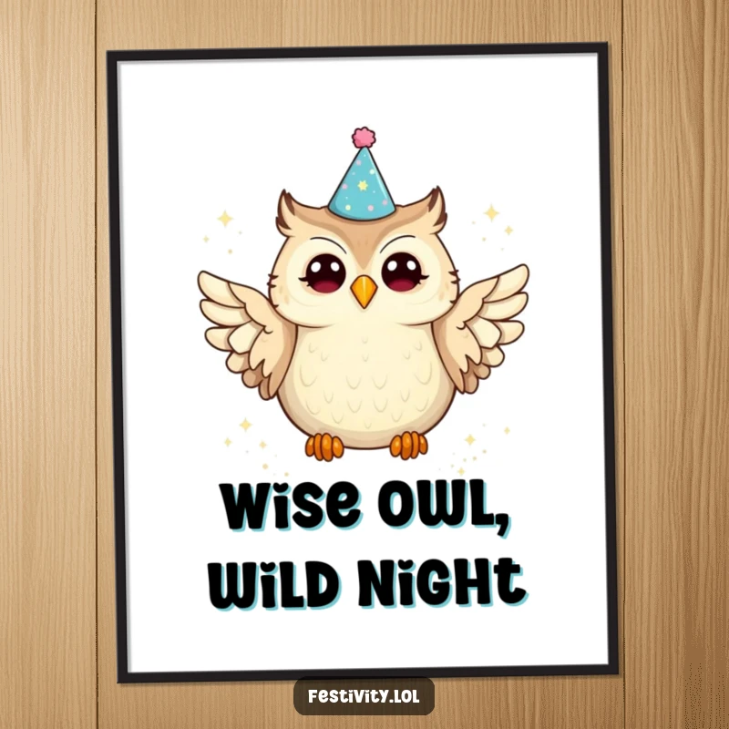 Funny free printable wall art of a joyful owl in a party hat spilling glitter, adding whimsical humor to any room.