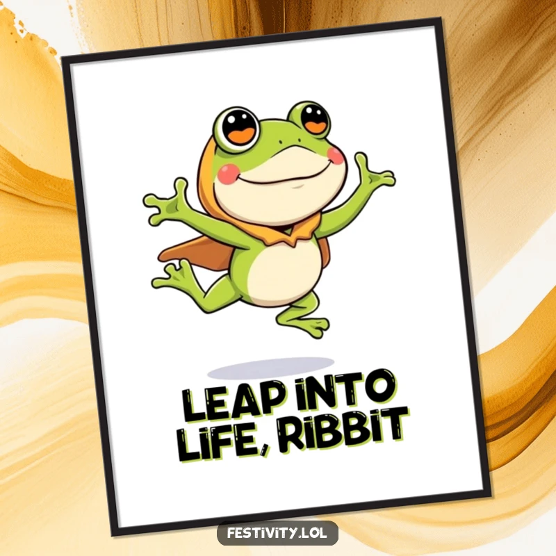 Funny Free Printable Wall Art: A silly frog in an amusing costume executing an enthusiastic leap, whimsical downloadable art.
