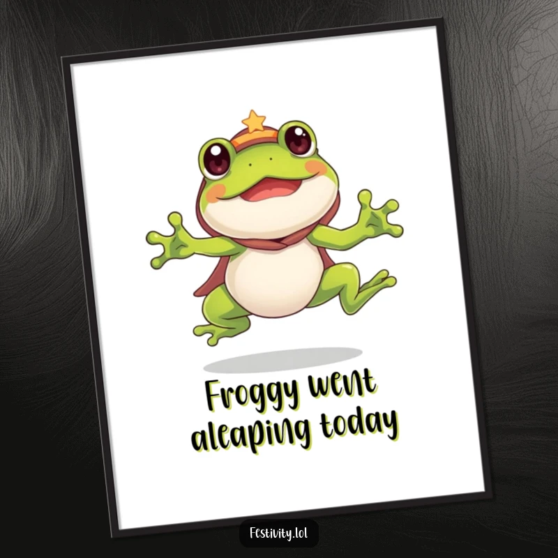 Funny Free Printable Wall Art: A silly frog dressed in a costume, mid-air leap with great enthusiasm and a comical expression.