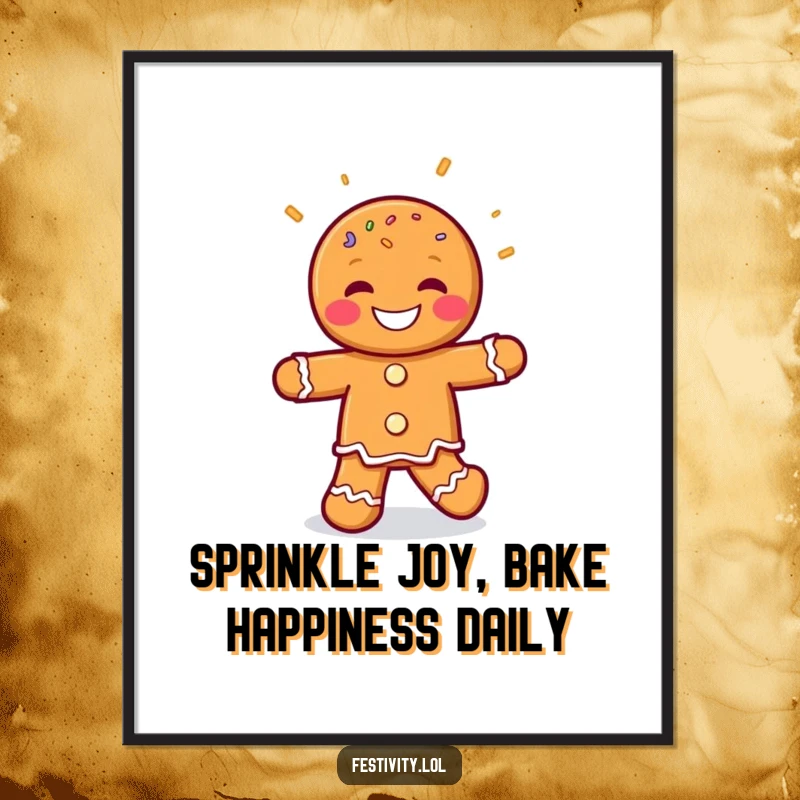 Funny Free Printable Wall Art: A grinning gingerbread man character doing a joyful jig with sprinkles, perfect kitchen decor.