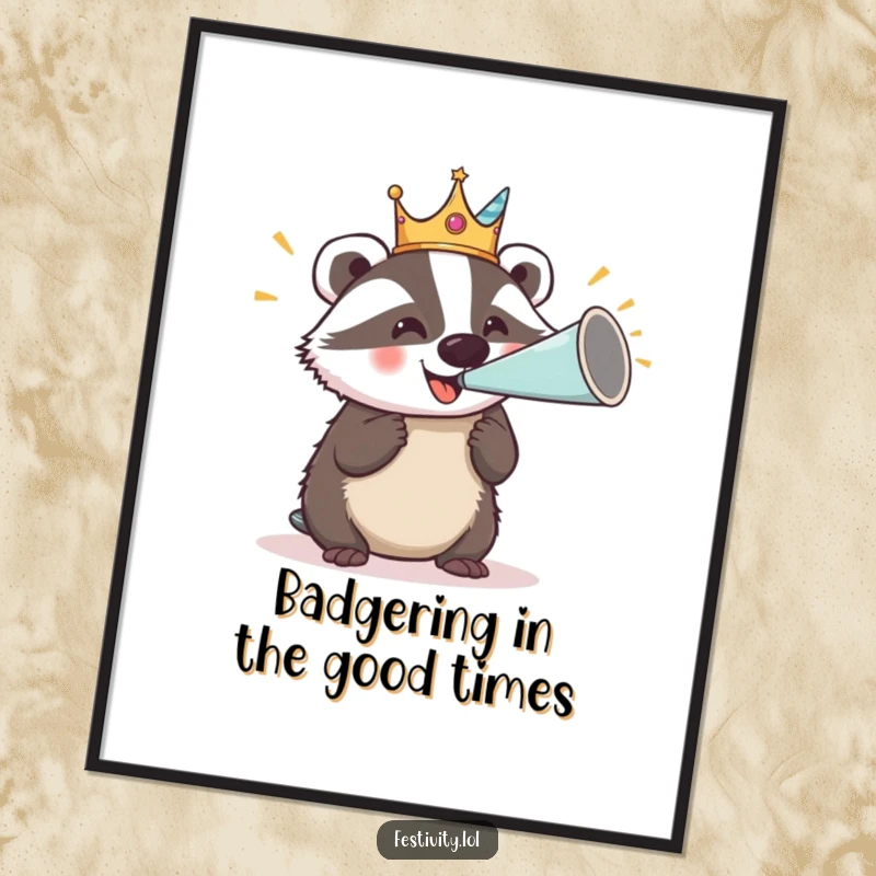 Funny Free Printable wall art: A delighted badger wearing a silly crown, energetically blowing a massive party horn.