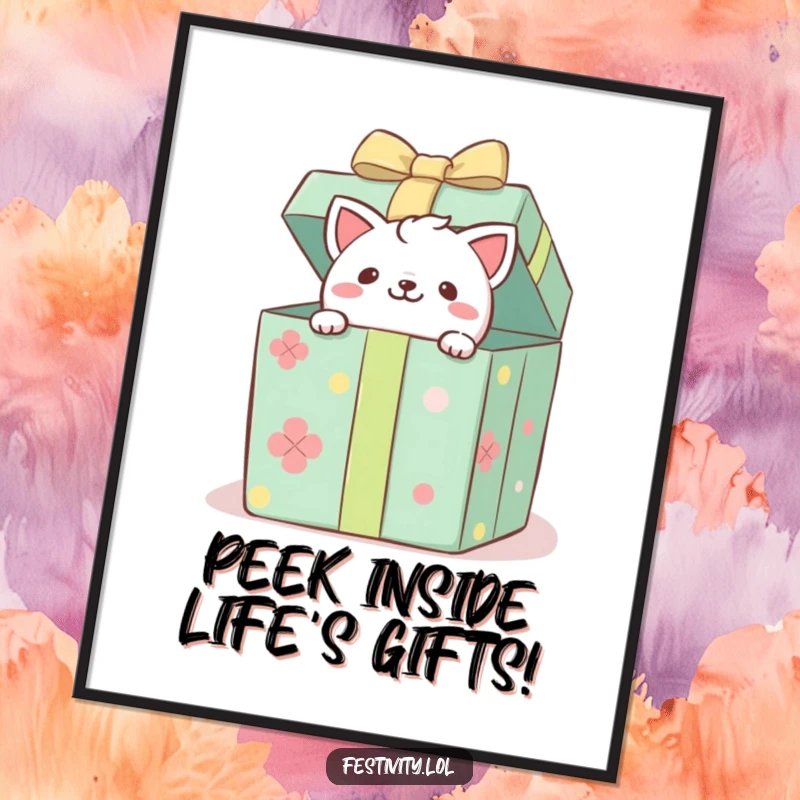 Funny free printable wall art of a curious critter peeking from a large, decorated gift box, adding humor to any room.