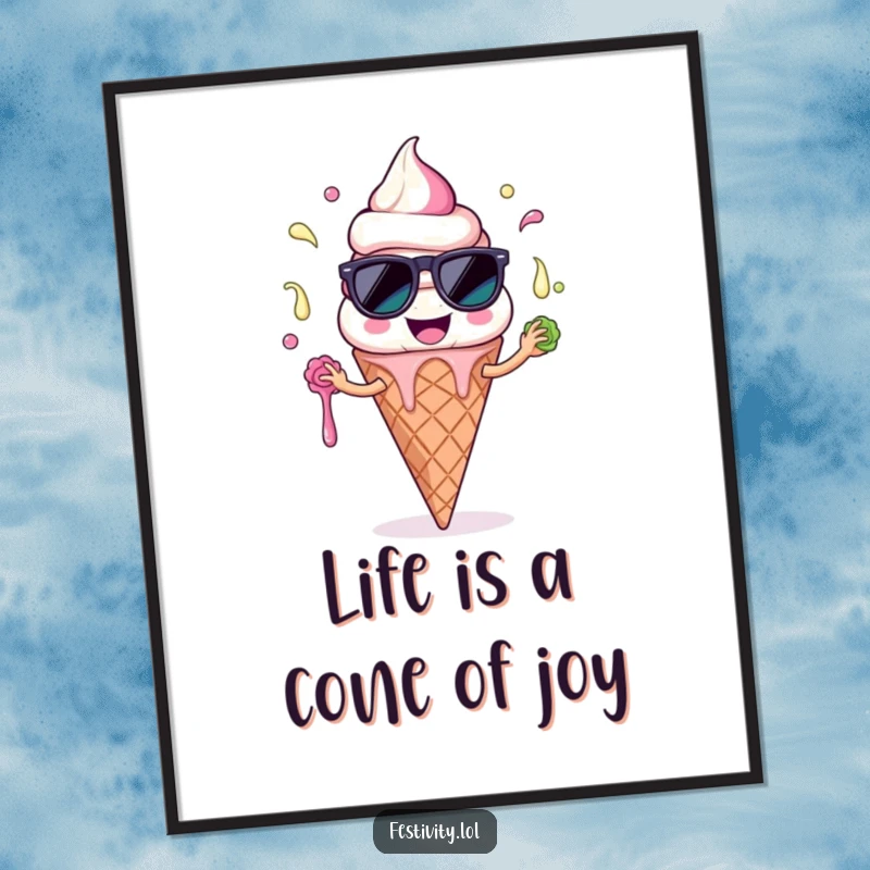 Funny Free Printable Wall Art: A smiling ice cream cone character with sunglasses comically juggles melting scoops, adding fun decor.