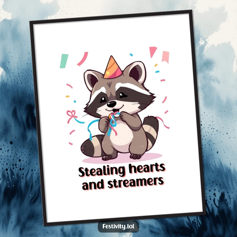 Funny Free Printable Wall Art: A mischievous raccoon gleefully makes off with a party streamer, creating a humorous scene.