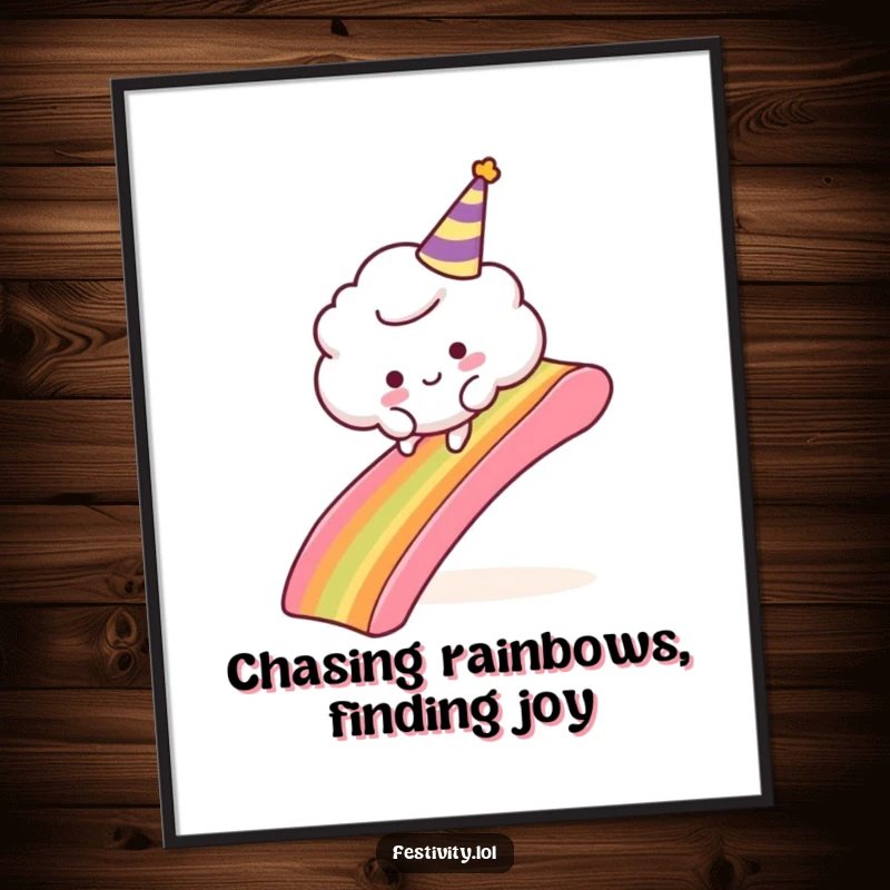Funny Free Printable Wall Art: A fluffy cloud character with a tiny party hat comically trips over a rainbow slide, adding whimsy.