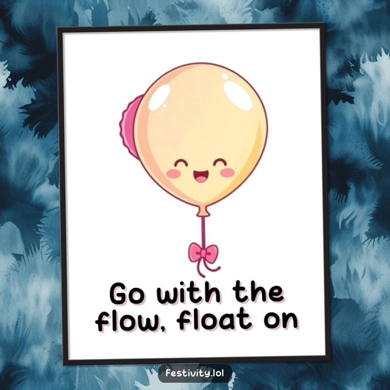 Funny Free Printable Wall Art: A happy balloon character cheerfully bobbing with colorful streamers trailing behind.