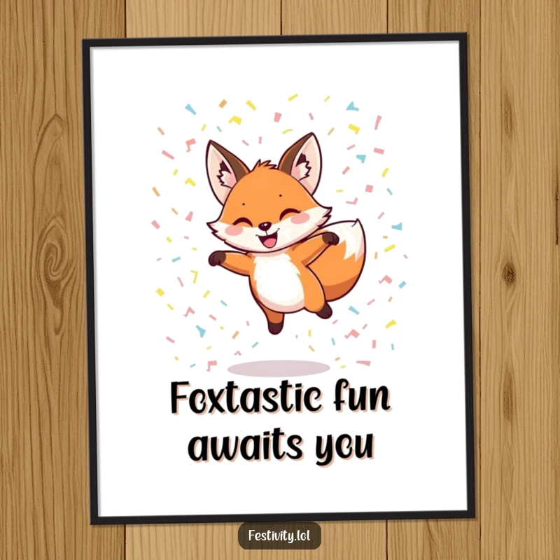 Funny Free Printable Wall Art: A grinning fox leaping through a confetti shower, vibrant and exciting home decor.