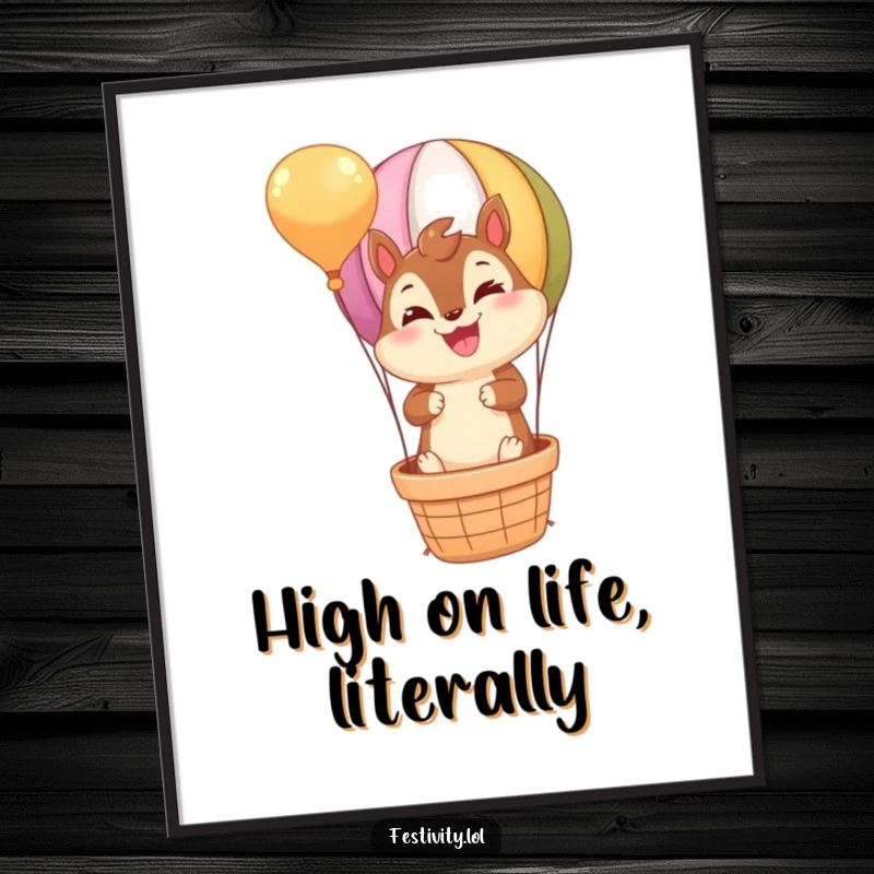 Funny Free Printable Wall Art: Beaming chipmunk joyfully rides a miniature hot air balloon, bringing happiness to your space.
