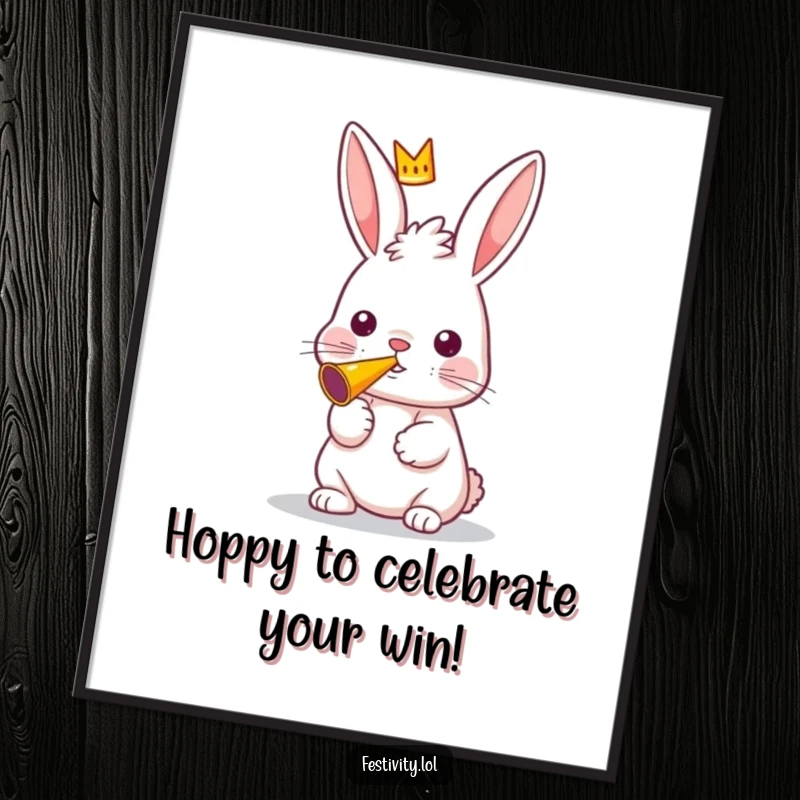 Funny Free Printable Wall Art: A curious rabbit in a small king's crown joyfully blows a party horn.