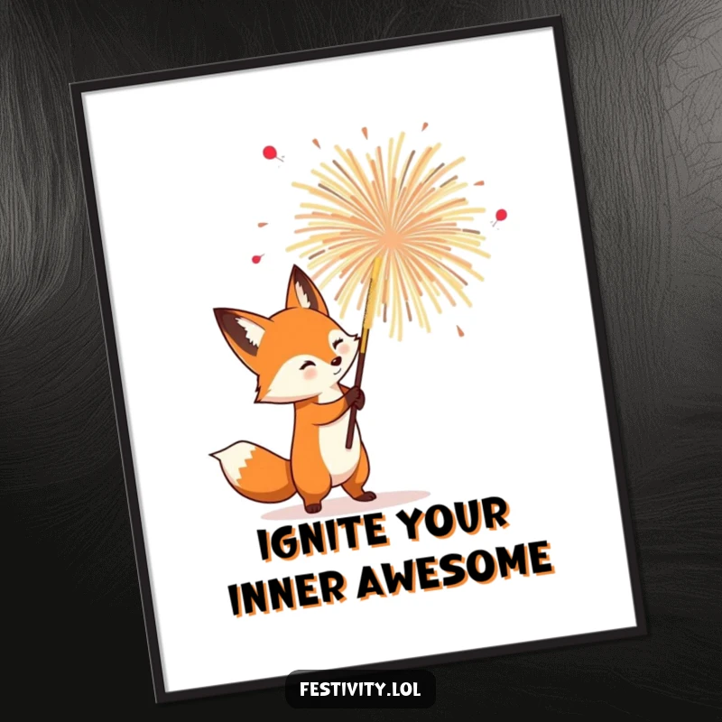 Funny Free Printable Wall Art: Determined fox holds a giant, spectacularly blooming firework, creating an explosive visual.