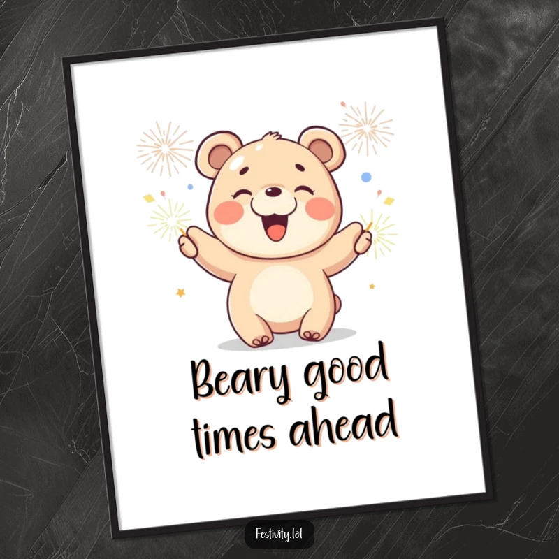 Funny Free Printable Wall Art: A joyful bear cub waving sparklers with a wide smile, radiating warmth and happiness.