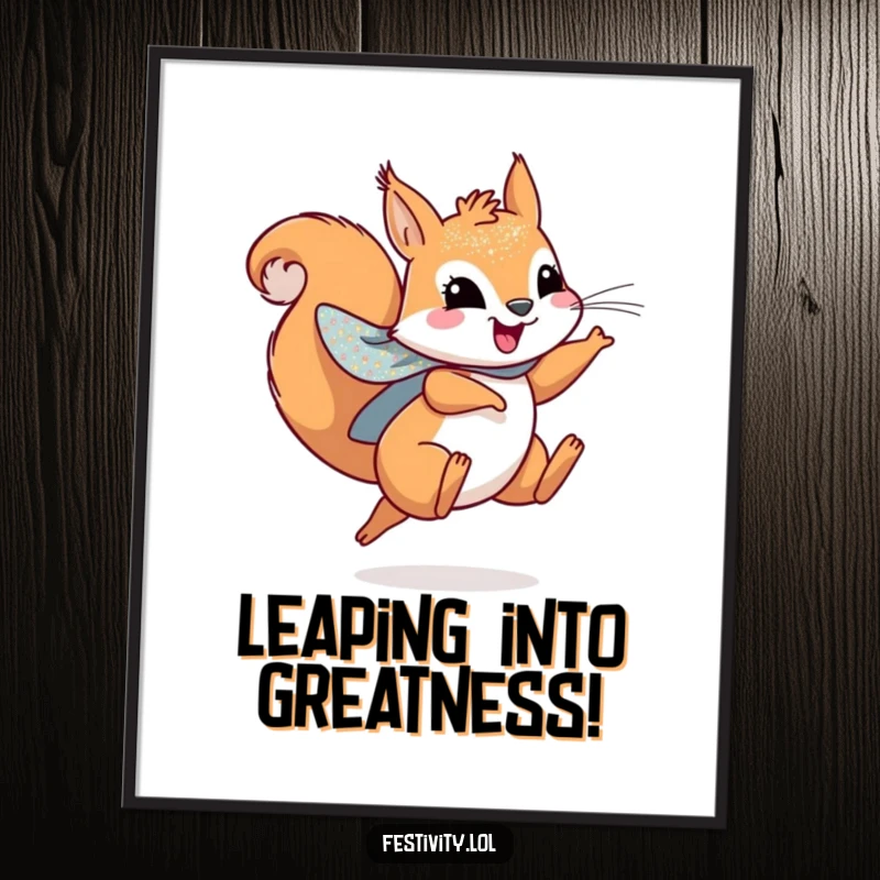 Funny free printable wall art depicting a playful squirrel in a sparkly cape, captured mid-leap with incredible joy and superhero vibes.