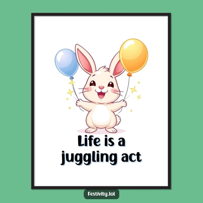 Free Printable Wall Art: Cheerful Rabbit Juggling Balloons - Funny Downloadable Decor