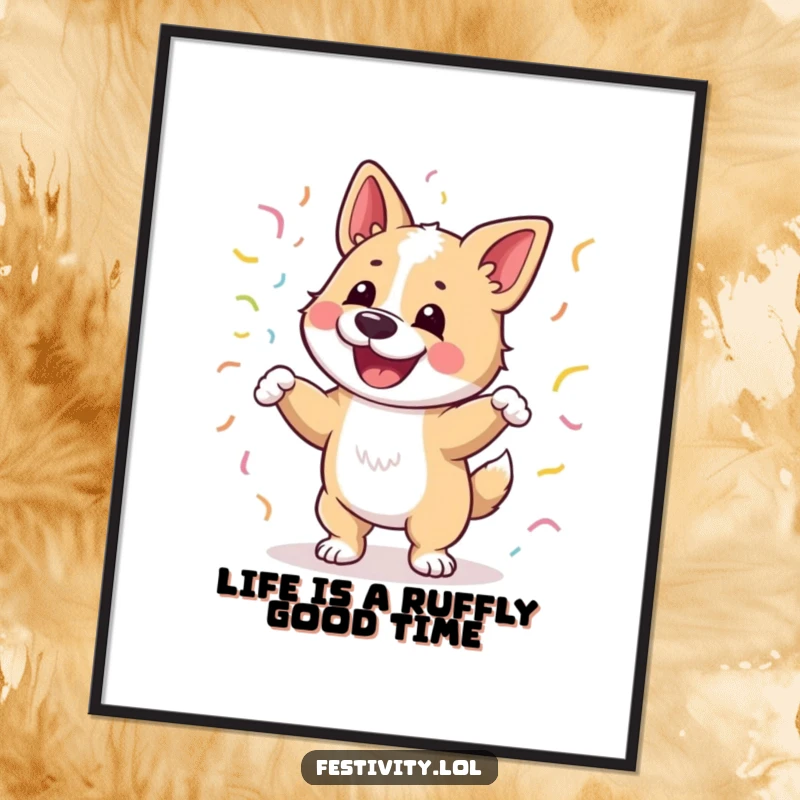 Funny Free Printable Wall Art: A happy dog caught mid-dance with streamers adding to its festive look, downloadable quirky art.