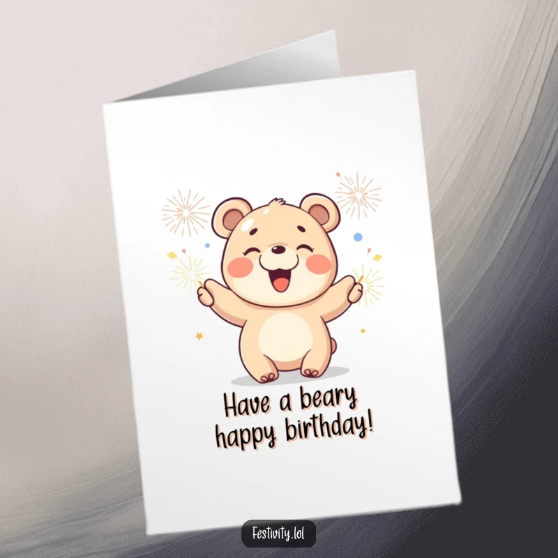 Funny Free Printable Birthday Card: A joyful bear cub waves sparklers with a wide smile, radiating birthday cheer.