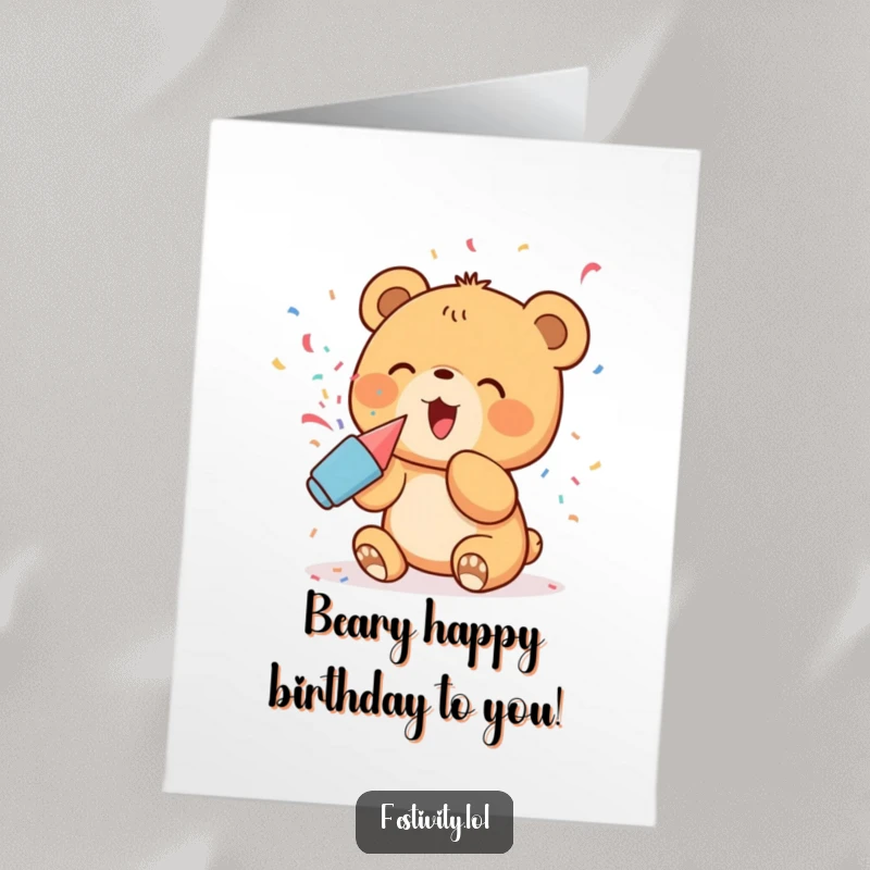 Funny Free Printable Birthday Card: Delighted bear cub popping confetti from a party popper, birthday fun.