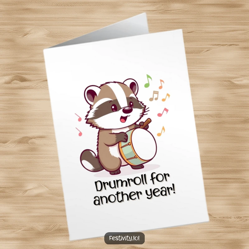 Funny Free Printable Birthday Card: Determined badger tapping a drum, musical notes bursting forth, a lively birthday card.