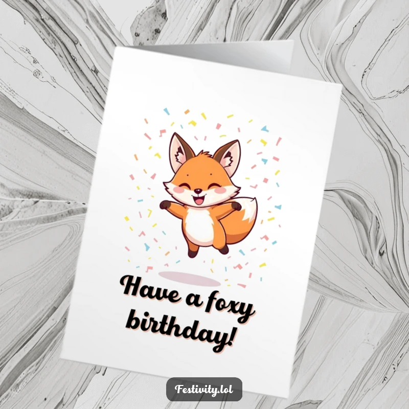 Funny Free Printable Birthday Card: A grinning fox joyfully leaps through a shower of confetti, full of birthday excitement.