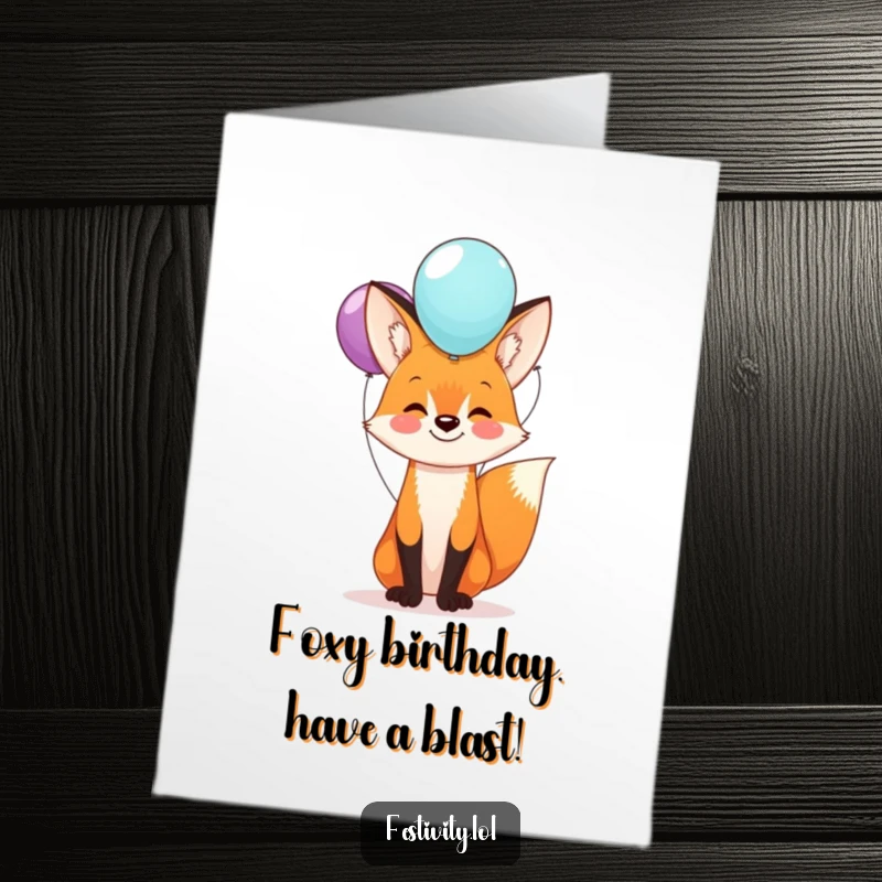 Funny free printable birthday card featuring a happy fox balancing a stack of colorful balloons on its nose, perfect for laughter.