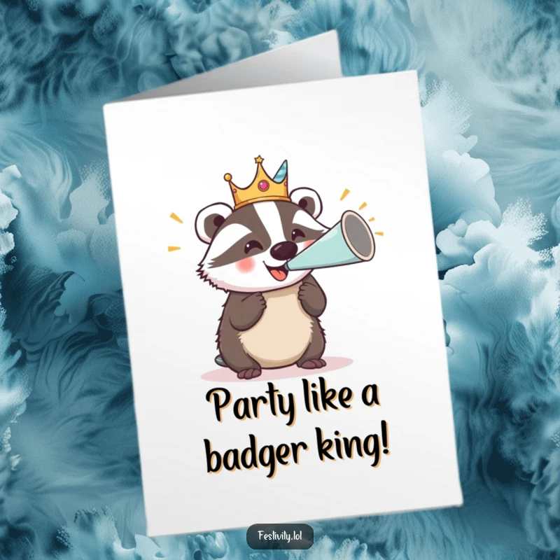 Funny Free Printable birthday card: A delighted badger wearing a silly crown, loudly blowing a giant party horn.