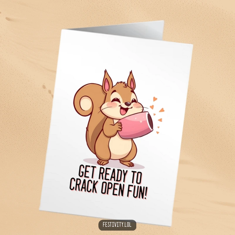 Funny Free Printable Birthday Card: Delighted squirrel about to burst an oversized party popper, a joyful downloadable greeting.