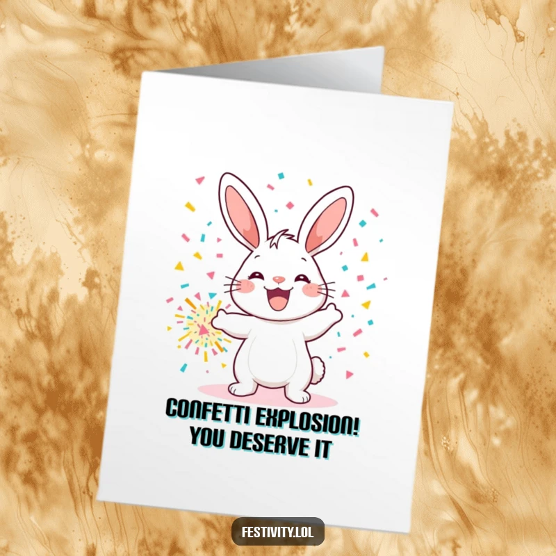 Funny Free Printable birthday card: A happy bunny gleefully exploding a giant confetti bomb, spreading cheer and laughter.