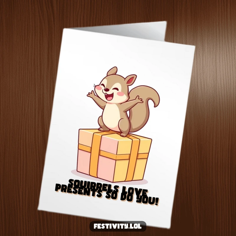 Funny Free Printable Birthday Card: Delighted squirrel leaping joyfully on a huge gift box, ready for a wild celebration.
