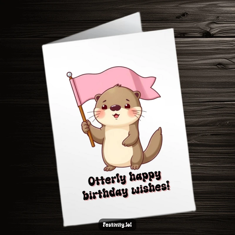 Funny free printable birthday card featuring a smiling, determined otter proudly holding a flag high, a celebratory design.
